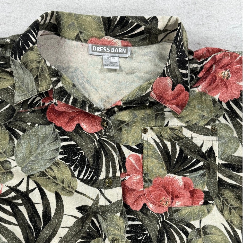 Dress Barn 100% Silk Tropical Floral Hibiscus Button Down Shirt XL Green Pink